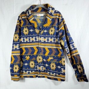 Levis Kuna Knit Shawl Collar Tribal Pattern Cardigan Large Navy Gold Gray Fleece